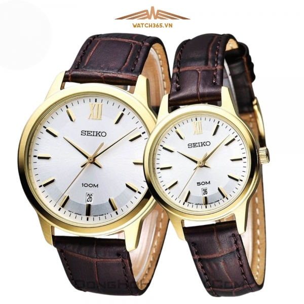 SEIKO SUR036P1 & SUR890P1 - ĐỒNG HỒ ĐÔI - KÍNH KHOÁNG - DÂY DA - PIN - SIZE 41&28 MM - MÁY NHẬT