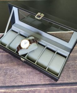 HỘP ĐỰNG ĐỒNG HỒ 06 NGĂN - ĐEN - DA NỈ CAO CẤP