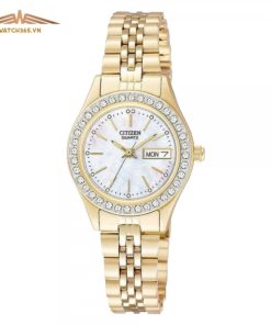 CITIZEN SWAROVSKI CRYSTAL EQ0532-55D - NỮ - KÍNH KHOÁNG - DÂY KIM LOẠI - PIN - SIZE 26MM - MÁY NHẬT