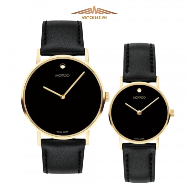 MOVADO MUSEUM SIGNATURE 0607591 & 0607599 - ĐỒNG HỒ ĐÔI - KÍNH SAPPHIRE - DÂY DA - PIN - SIZE 40&28 MM - MÁY THỤY SỸ