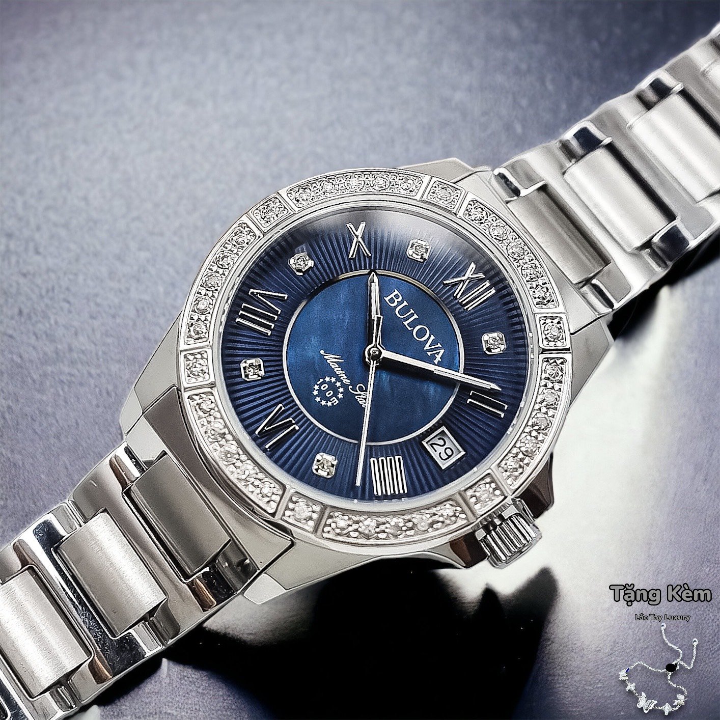 BULOVA MARINE STAR 96R215 - NỮ - KÍNH SAPPHIRE - DÂY KIM LOẠI - PIN - SIZE 32MM - MÁY THỤY SỸ - Ảnh 4