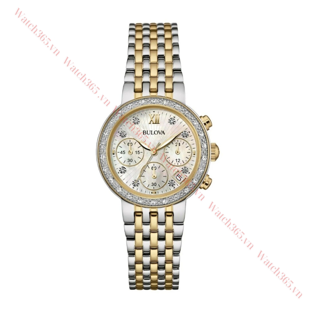 BULOVA DIAMOND CHRONOGRAPH 98R214 - NỮ - KÍNH KHOÁNG - DÂY KIM LOẠI - PIN - SIZE 30MM - MÁY THỤY SỸ