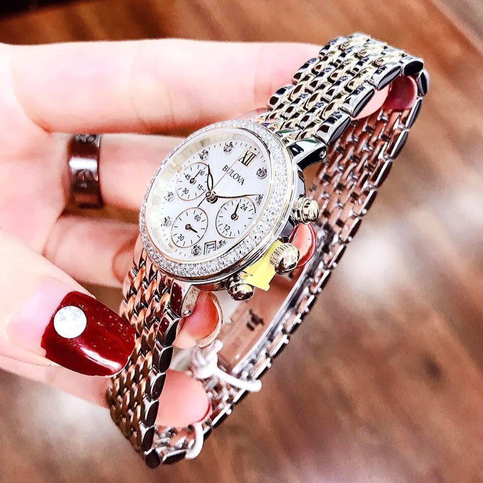 BULOVA DIAMOND CHRONOGRAPH 98R214 - NỮ - KÍNH KHOÁNG - DÂY KIM LOẠI - PIN - SIZE 30MM - MÁY THỤY SỸ - Ảnh 3
