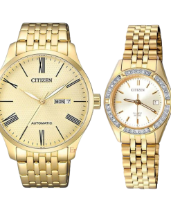 CITIZEN NH8352-53P & EU6062 - ĐỒNG HỒ ĐÔI - KÍNH KHOÁNG - DÂY KIM LOẠI - AUTOMATIC - SIZE 40&26 MM - MÁY NHẬT