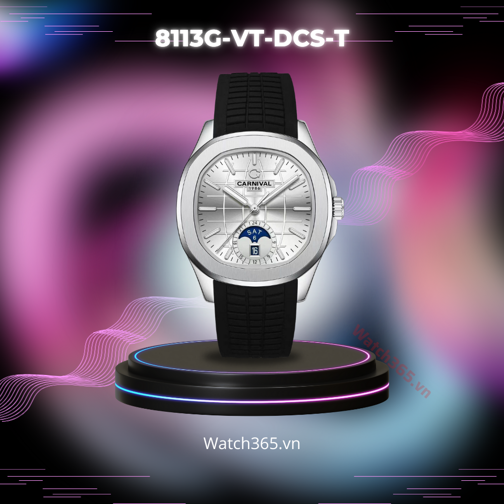 CARNIVAL AQUANUS 8113G-VT-DCS-T - NAM - KÍNH SAPPHIRE - DÂY CAO SU - AUTOMATIC - SIZE 41MM - MÁY THỤY SỸ